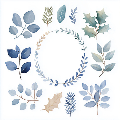 JPG 잎 일러스트 나뭇잎 수채화 사람없음 장식 파란색 심플 원형프레임 국내일러스트 AI일러스트 AI콘텐츠 식물 컬러 프레임 원형 파일형식
