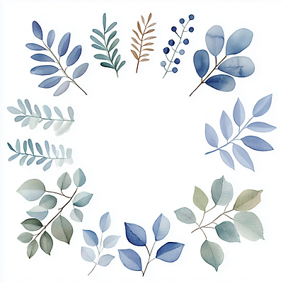 JPG 잎 일러스트 나뭇잎 수채화 사람없음 장식 파란색 심플 원형프레임 국내일러스트 AI일러스트 AI콘텐츠 식물 컬러 프레임 원형 파일형식