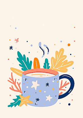 JPG 커피 잎 크리스마스 겨울 일러스트 따뜻함 사람없음 컵 파란색 머그컵 수증기 코코아 연말 국내일러스트 AI일러스트 AI콘텐츠 식물 식기 계절 기념일 음료 컬러 파일형식