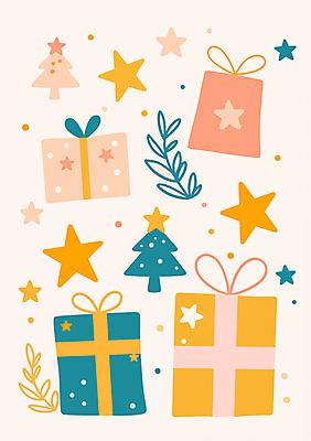JPG 별 잎 크리스마스 겨울 일러스트 사람없음 선물상자 크리스마스트리 노란색 청록색 연말 국내일러스트 AI일러스트 AI콘텐츠 자연요소 식물 계절 기념일 컬러 선물 상자 파일형식