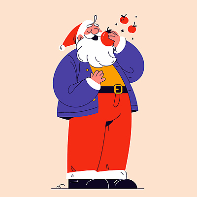 전신 노년 남자 행복 크리스마스 겨울 일러스트 산타모자 산타옷 동화 한명 미소 빨간색 산타클로스 사과 먹기 즐거움 선물자루 연말 노인남자한명만 국내일러스트 AI파일 모자_잡화 1 옷 계절 기념일 감정 컬러 과일 모션 표정 사람 성인 자루 남자한명만 노인남자만 파일형식 벡터