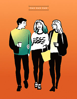 전신 라이프스타일 여자 패션 남자 커피 가방 일러스트 비즈니스 커뮤니케이션 대화 들기 성인 세명 친구 팔짱 주황색 그룹 감성 판화 성인만 국내일러스트 AI파일 잡화 음료 컬러 컨셉 관계 모션 말하기 미술 사람 생활 파일형식 벡터