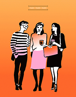 전신 라이프스타일 여자 패션 남자 커피 일러스트 비즈니스 커뮤니케이션 대화 들기 성인 세명 친구 주황색 그룹 주머니손 감성 판화 성인만 국내일러스트 AI파일 음료 컬러 컨셉 관계 모션 말하기 미술 사람 생활 파일형식 벡터