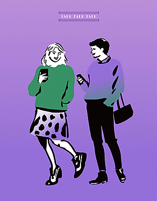 전신 라이프스타일 여자 패션 남자 일러스트 비즈니스 커뮤니케이션 대화 들기 성인 두명 친구 스마트폰 보라색 주머니손 감성 판화 성인만 국내일러스트 AI파일 컬러 컨셉 관계 모션 말하기 미술 사람 생활 핸드폰 스마트기기 파일형식 벡터