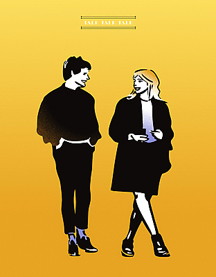 전신 라이프스타일 여자 패션 남자 일러스트 비즈니스 커뮤니케이션 대화 성인 두명 친구 노란색 주머니손 감성 판화 성인만 국내일러스트 AI파일 컬러 컨셉 관계 모션 말하기 미술 사람 생활 파일형식 벡터