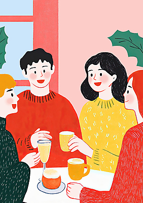 PSD 라이프스타일 여자 남자 커피 크리스마스 겨울 일러스트 커뮤니케이션 실내 따뜻함 대화 앉기 여러명 상반신 성인 빨간색 친구 모임 머그컵 차 샴페인 샴페인잔 감성 성인만 송년회 국내일러스트 계절 기념일 음료 컬러 다수 컨셉 술잔 관계 모션 주류 말하기 사람 내부 생활 컵 연말 파일형식