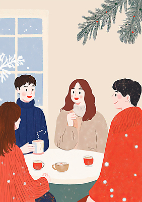 PSD 라이프스타일 여자 남자 커피 크리스마스 겨울 일러스트 커뮤니케이션 실내 따뜻함 대화 앉기 여러명 상반신 성인 빨간색 친구 모임 머그컵 차 감성 베이지색 원형탁자 성인만 송년회 국내일러스트 계절 기념일 음료 컬러 다수 컨셉 관계 모션 탁자 말하기 사람 내부 생활 컵 연말 파일형식