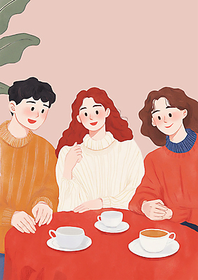 PSD 라이프스타일 여자 남자 커피 크리스마스 겨울 일러스트 커뮤니케이션 실내 따뜻함 대화 앉기 상반신 성인 빨간색 세명 친구 모임 차 찻잔 컵받침 감성 성인만 송년회 국내일러스트 계절 기념일 음료 컬러 컨셉 관계 모션 잔 말하기 사람 내부 생활 받침대 연말 파일형식