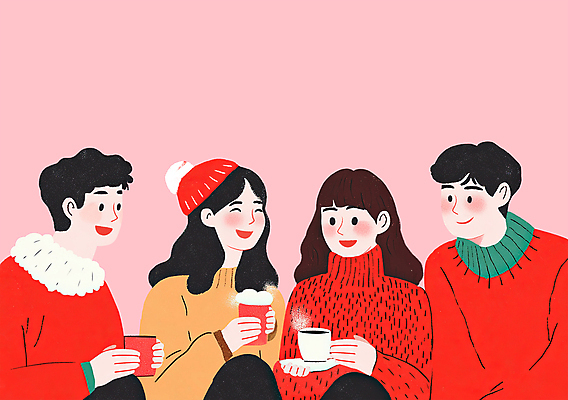 PSD 라이프스타일 여자 남자 커피 크리스마스 겨울 일러스트 커뮤니케이션 따뜻함 대화 앉기 여러명 상반신 성인 빨간색 친구 모임 머그컵 차 찻잔 컵받침 감성 성인만 송년회 국내일러스트 계절 기념일 음료 컬러 다수 컨셉 관계 모션 잔 말하기 사람 생활 컵 받침대 연말 파일형식