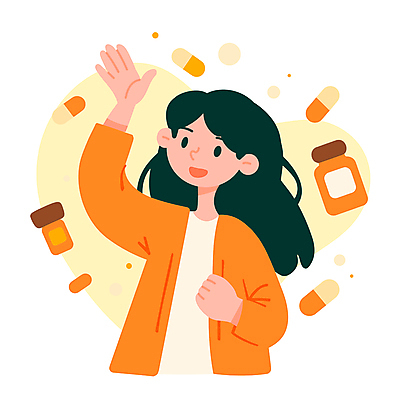 여자 일러스트 한명 상반신 성인 알약 손들기 주황색 감기 비타민 공병 영양제 성인여자한명만 감기예방 국내일러스트 AI파일 1 컬러 모션 사람 약 질병 예방 영양소 병_담는 여자한명만 성인여자만 파일형식 벡터