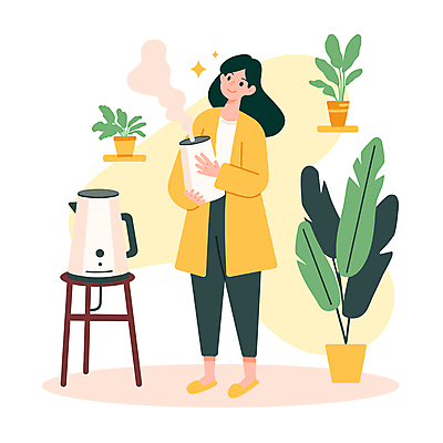 전신 여자 화분 잎 일러스트 선반 한명 들기 성인 반짝임 수증기 감기 협탁 가습기 성인여자한명만 감기예방 국내일러스트 AI파일 식물 1 가구 모션 사람 질병 예방 여자한명만 성인여자만 파일형식 벡터