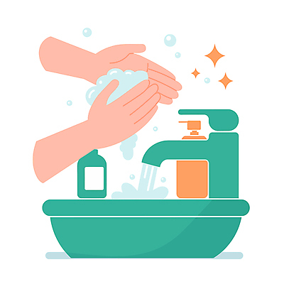 손 일러스트 신체부위 물 반짝임 청결 감기 세면대 수도꼭지 비누 손씻기 비누거품 공병 감기예방 국내일러스트 AI파일 자연요소 모션 사람 위생용품 거품 위생 씻기 질병 예방 병_담는 파일형식 벡터