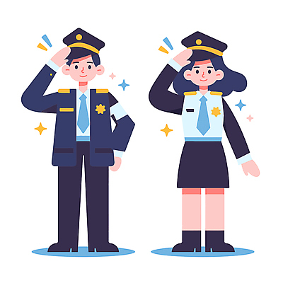 전신 여자 남자 일러스트 직업캐릭터 웃음 성인 두명 경찰 경찰복 경례 경찰모자 성인만 경찰의날 국내일러스트 일러캐릭터 AI파일 직업 캐릭터 모자_잡화 유니폼 표정 사람 인사 파일형식 벡터 법정기념일