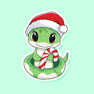 캐릭터 스티커 크리스마스 겨울 일러스트 산타모자 새해 미소 웃음 들기 사람없음 초록색 산타클로스 귀여움 뱀 지팡이사탕 크리스마스지팡이 일러캐릭터 AI파일 모자_잡화 계절 기념일 컬러 컨셉 파충류 모션 지팡이 표정 사탕 파일형식 벡터