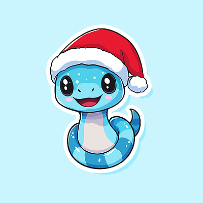 캐릭터 스티커 크리스마스 겨울 일러스트 산타모자 새해 미소 웃음 사람없음 파란색 산타클로스 귀여움 뱀 을사년 일러캐릭터 푸른뱀 AI파일 모자_잡화 계절 기념일 컬러 컨셉 파충류 표정 파일형식 벡터 2025년
