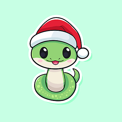 캐릭터 스티커 크리스마스 겨울 일러스트 산타모자 새해 미소 웃음 사람없음 초록색 산타클로스 귀여움 뱀 일러캐릭터 AI파일 모자_잡화 계절 기념일 컬러 컨셉 파충류 표정 파일형식 벡터