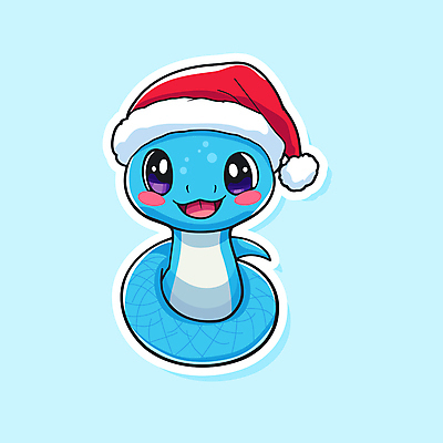 캐릭터 스티커 크리스마스 겨울 일러스트 산타모자 새해 미소 웃음 사람없음 파란색 산타클로스 귀여움 뱀 을사년 일러캐릭터 푸른뱀 AI파일 모자_잡화 계절 기념일 컬러 컨셉 파충류 표정 파일형식 벡터 2025년