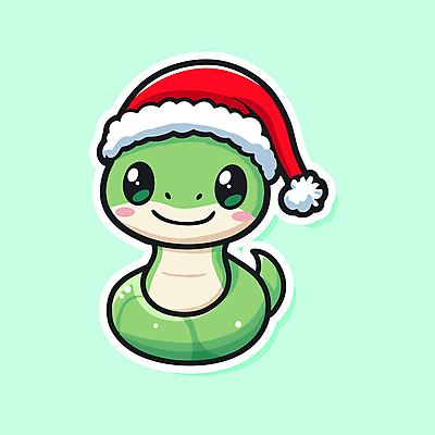 캐릭터 스티커 크리스마스 겨울 일러스트 산타모자 새해 미소 웃음 사람없음 초록색 산타클로스 귀여움 뱀 일러캐릭터 AI파일 모자_잡화 계절 기념일 컬러 컨셉 파충류 표정 파일형식 벡터