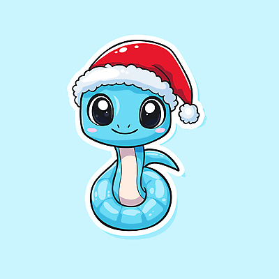 캐릭터 스티커 크리스마스 겨울 일러스트 산타모자 새해 미소 웃음 사람없음 파란색 산타클로스 귀여움 뱀 을사년 일러캐릭터 푸른뱀 AI파일 모자_잡화 계절 기념일 컬러 컨셉 파충류 표정 파일형식 벡터 2025년
