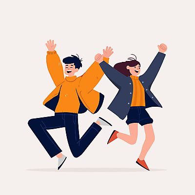 전신 여자 남자 행복 대학생 일러스트 웃음 성인 두명 친구 점프 만세 에너지 동료 즐거움 긍정적 성인만 국내일러스트 AI파일 학생 감정 관계 모션 표정 사람 파일형식 벡터
