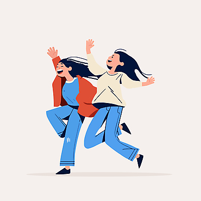 전신 여자 행복 대학생 하늘색 일러스트 웃음 성인 두명 친구 손들기 점프 에너지 동료 즐거움 긍정적 성인여자만 국내일러스트 AI파일 학생 감정 관계 모션 표정 사람 파란색 여자만 성인만 파일형식 벡터