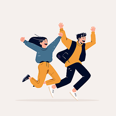 전신 커플 여자 남자 행복 대학생 일러스트 웃음 성인 두명 친구 점프 만세 에너지 동료 즐거움 긍정적 성인만 국내일러스트 AI파일 학생 감정 관계 모션 표정 사람 파일형식 벡터