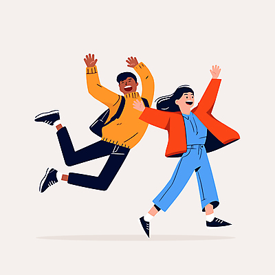 전신 커플 여자 남자 행복 대학생 일러스트 웃음 성인 두명 친구 점프 만세 에너지 동료 즐거움 긍정적 성인만 국내일러스트 AI파일 학생 감정 관계 모션 표정 사람 파일형식 벡터