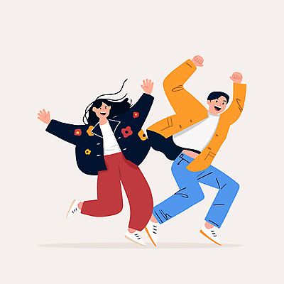 전신 커플 여자 남자 행복 대학생 일러스트 성공 웃음 성인 두명 친구 점프 만세 에너지 동료 즐거움 긍정적 성인만 국내일러스트 AI파일 학생 감정 컨셉 관계 모션 표정 사람 파일형식 벡터