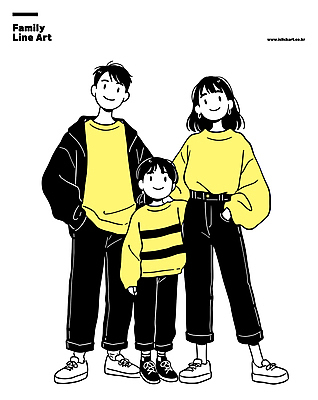 전신 여자 남자 행복 어린이 일러스트 가족 서기 미소 소년 성인 세명 부모 노란색 라인아트 가족사진 주머니손 국내일러스트 AI파일 감정 선 컬러 관계 모션 표정 사람 파일형식 벡터 단체사진