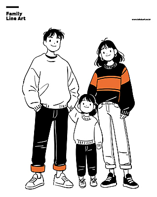 전신 여자 남자 행복 어린이 일러스트 가족 서기 미소 소녀 성인 세명 부모 주황색 라인아트 가족사진 주머니손 국내일러스트 AI파일 감정 선 컬러 관계 모션 표정 사람 파일형식 벡터 단체사진