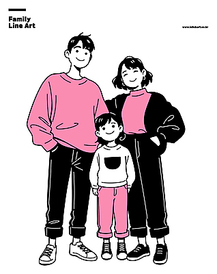 전신 여자 남자 행복 어린이 분홍색 일러스트 가족 서기 미소 소녀 성인 세명 부모 라인아트 가족사진 주머니손 국내일러스트 AI파일 감정 선 컬러 관계 모션 표정 사람 파일형식 벡터 단체사진