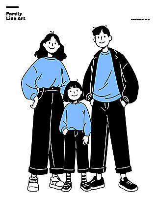 전신 여자 남자 행복 어린이 일러스트 가족 서기 미소 소녀 성인 세명 파란색 부모 라인아트 가족사진 주머니손 국내일러스트 AI파일 감정 선 컬러 관계 모션 표정 사람 파일형식 벡터 단체사진