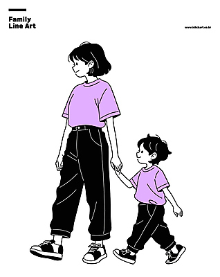 전신 여자 남자 행복 어린이 일러스트 가족 서기 미소 소년 성인 두명 걷기 손잡기 보라색 라인아트 가족사진 국내일러스트 AI파일 감정 선 컬러 관계 모션 표정 사람 파일형식 벡터 단체사진