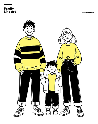 전신 여자 남자 행복 어린이 일러스트 가족 서기 미소 소년 성인 세명 부모 노란색 손잡기 라인아트 가족사진 주머니손 국내일러스트 AI파일 감정 선 컬러 관계 모션 표정 사람 파일형식 벡터 단체사진