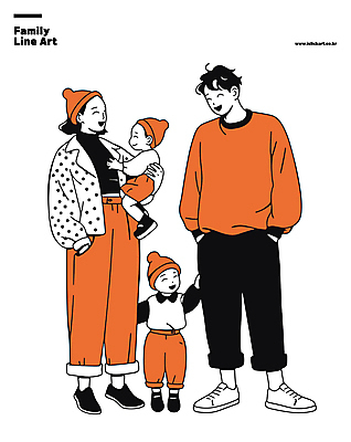 전신 남자 행복 어린이 일러스트 가족 안기 서기 미소 소녀 소년 여러명 성인 부모 주황색 라인아트 가족사진 주머니손 비니 국내일러스트 AI파일 모자_잡화 여자 감정 선 컬러 다수 관계 모션 표정 사람 파일형식 벡터 단체사진
