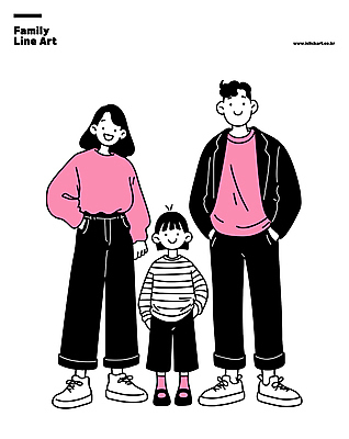 전신 여자 남자 행복 어린이 분홍색 일러스트 가족 서기 미소 소녀 성인 세명 부모 라인아트 가족사진 주머니손 국내일러스트 AI파일 감정 선 컬러 관계 모션 표정 사람 파일형식 벡터 단체사진