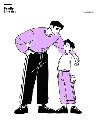 전신 남자 행복 어린이 일러스트 가족 서기 미소 소년 성인 두명 보라색 라인아트 가족사진 주머니손 남자만 어깨에손 국내일러스트 AI파일 감정 선 컬러 관계 모션 표정 사람 파일형식 벡터 단체사진