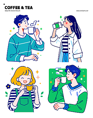 여자 남자 여유 커피 일러스트 티타임 휴식 미소 여러명 상반신 성인 취미 초록색 마시기 차 수증기 커피잔 찻잔 스웨터 힐링 성인만 국내일러스트 AI파일 감정 음료 컬러 다수 컨셉 상의 모션 잔 표정 사람 파일형식 벡터