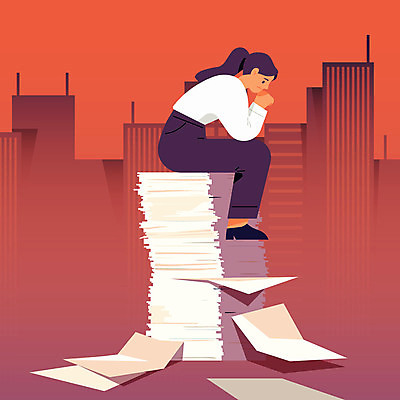 전신 여자 일러스트 비즈니스 피곤 고개숙이기 한명 앉기 빌딩 성인 빨간색 업무 문서 과로 서류더미 성인여자한명만 번아웃증후군 정신건강 국내일러스트 AI파일 1 컬러 컨셉 모션 건강 숙이기 사람 건물 작업 사회이슈 여자한명만 성인여자만 파일형식 벡터 더미