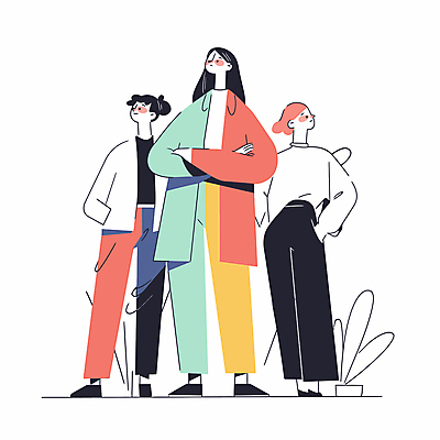 전신 여자 일러스트 비즈니스 서기 성인 세명 팔짱 직장인 주머니손 오피스룩 성인여자만 국내일러스트 AI파일 직업 옷 모션 사람 여자만 성인만 파일형식 벡터