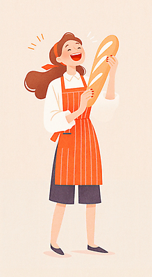 JPG 전신 여자 행복 빵 일러스트 한명 웃음 들기 성인 주황색 앞치마 빵집 바게트 제빵사 성인여자한명만 국내일러스트 AI일러스트 AI콘텐츠 직업 1 감정 음식 컬러 모션 표정 사람 상점 여자한명만 성인여자만 파일형식