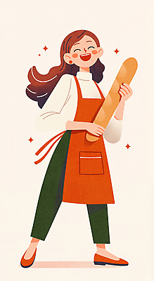 JPG 전신 여자 행복 일러스트 한명 미소 웃음 들기 성인 주황색 앞치마 빵집 바게트 제빵 제빵사 성인여자한명만 국내일러스트 AI일러스트 AI콘텐츠 직업 1 감정 빵 컬러 모션 표정 사람 제과제빵 상점 여자한명만 성인여자만 파일형식