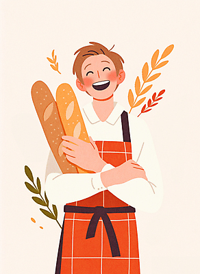 JPG 남자 행복 잎 일러스트 한명 미소 웃음 들기 상반신 성인 주황색 앞치마 빵집 바게트 제빵 제빵사 성인남자한명만 국내일러스트 AI일러스트 AI콘텐츠 식물 직업 1 감정 빵 컬러 모션 표정 사람 제과제빵 상점 남자한명만 성인남자만 파일형식