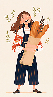 JPG 전신 여자 행복 잎 일러스트 한명 웃음 들기 성인 주황색 바게트 성인여자한명만 국내일러스트 AI일러스트 AI콘텐츠 식물 1 감정 빵 컬러 모션 표정 사람 여자한명만 성인여자만 파일형식