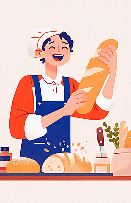 JPG 남자 행복 일러스트 주방용품 요리사모자 한명 미소 웃음 들기 상반신 성인 주황색 앞치마 빵집 바게트 잼 제빵 제빵사 성인남자한명만 국내일러스트 AI일러스트 AI콘텐츠 직업 모자_잡화 1 감정 빵 컬러 생활용품 모션 표정 사람 제과제빵 상점 요리사 소스_음식 남자한명만 성인남자만 파일형식