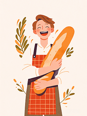 JPG 남자 행복 일러스트 자연 한명 웃음 상반신 성인 주황색 앞치마 빵집 바게트 제빵 제빵사 성인남자한명만 국내일러스트 AI일러스트 AI콘텐츠 직업 1 감정 빵 컬러 표정 사람 제과제빵 상점 생태계 남자한명만 성인남자만 파일형식