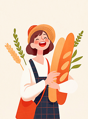 JPG 여자 행복 잎 일러스트 한명 웃음 들기 상반신 성인 주황색 빵집 바게트 밀짚모자 제빵 제빵사 성인여자한명만 국내일러스트 AI일러스트 AI콘텐츠 식물 직업 모자_잡화 1 감정 빵 컬러 모션 표정 사람 제과제빵 상점 여자한명만 성인여자만 파일형식