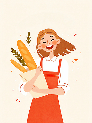 JPG 여자 행복 일러스트 한명 웃음 들기 상반신 성인 주황색 앞치마 빵집 바게트 제빵 제빵사 성인여자한명만 국내일러스트 AI일러스트 AI콘텐츠 직업 1 감정 빵 컬러 모션 표정 사람 제과제빵 상점 여자한명만 성인여자만 파일형식
