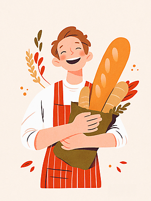 JPG 남자 행복 일러스트 한명 웃음 들기 상반신 성인 주황색 앞치마 빵집 바게트 제빵 제빵사 성인남자한명만 국내일러스트 AI일러스트 AI콘텐츠 직업 1 감정 빵 컬러 모션 표정 사람 제과제빵 상점 남자한명만 성인남자만 파일형식