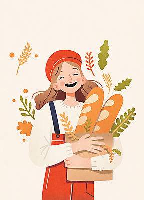 JPG 여자 행복 일러스트 한명 웃음 들기 상반신 성인 주황색 빵집 바게트 멜빵 제빵 성인여자한명만 국내일러스트 AI일러스트 AI콘텐츠 1 잡화 감정 빵 컬러 모션 표정 사람 제과제빵 상점 여자한명만 성인여자만 파일형식